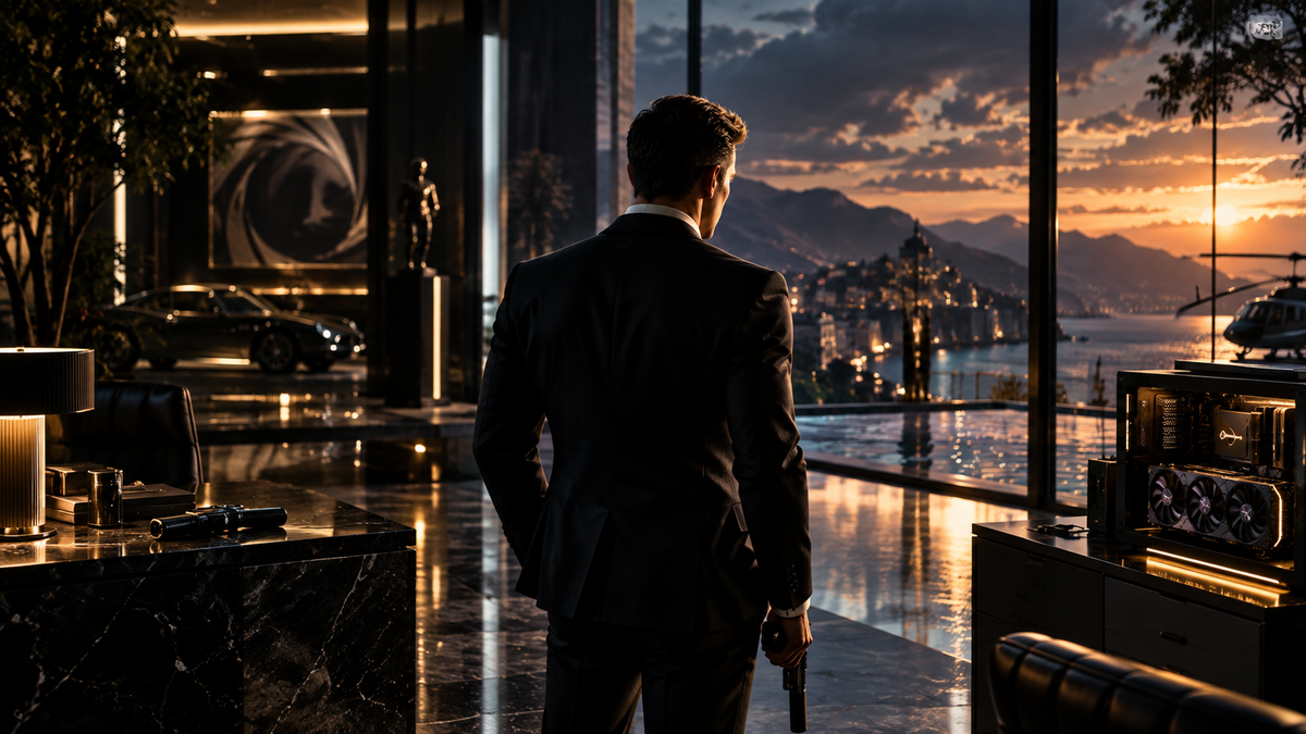 Cenário de espionagem com reflexos realistas representando path tracing em 007 First Light