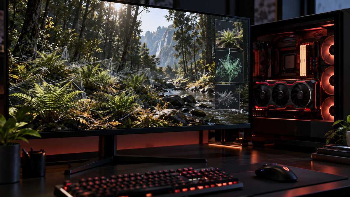 Setup gamer com floresta renderizada e sobreposição geométrica representando pesquisa de ray tracing da AMD