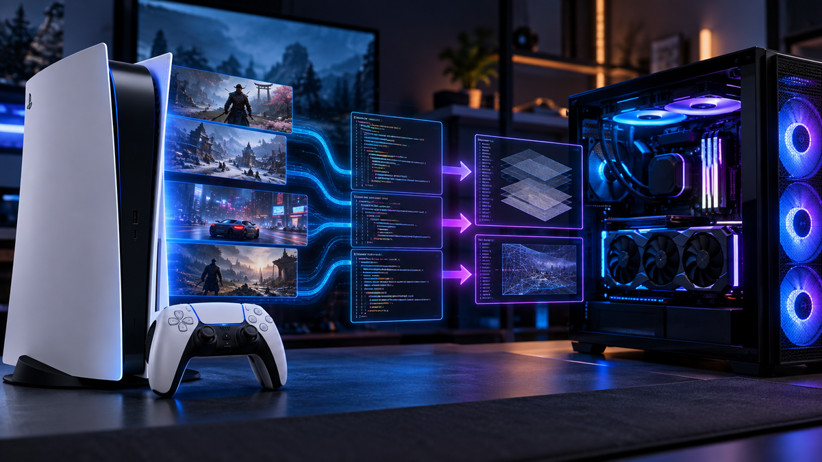 Console e PC conectados por camadas de código representando projetos PS5 no PC