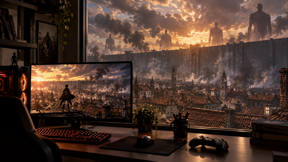 Setup gamer com cidade cercada por muralhas e gigantes representando Attack on Titan 3