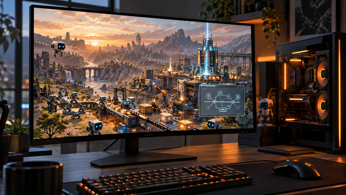 Setup gamer com cidade automatizada e robôs representando Brave New Wonders
