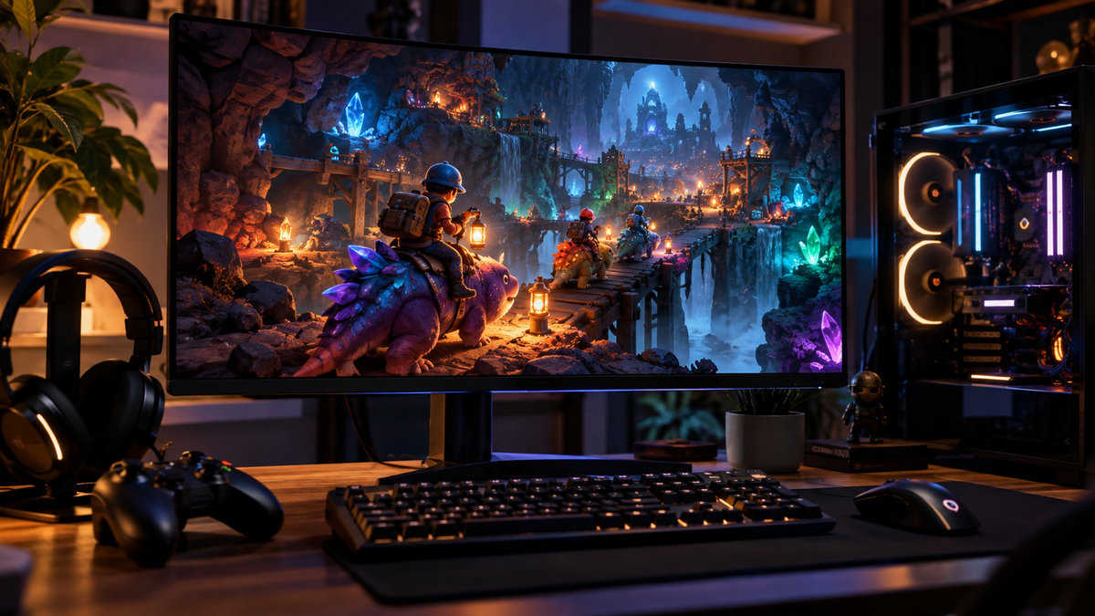 Setup gamer com exploração subterrânea representando Core Keeper Riders of the Underground