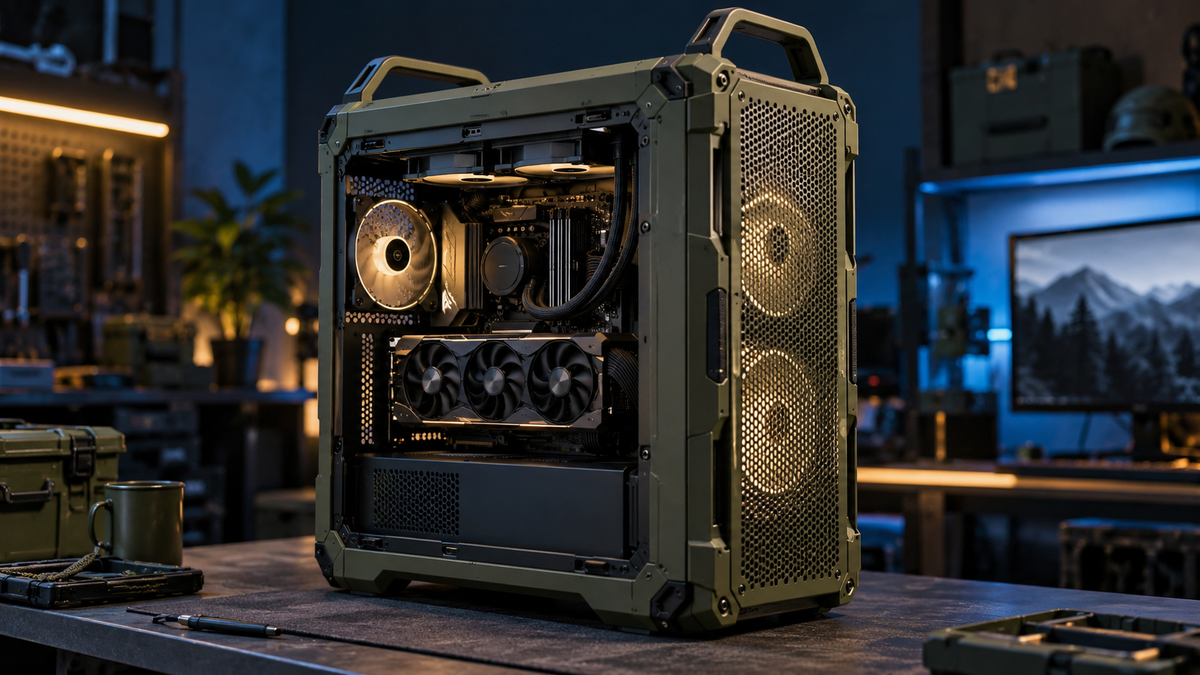 Gabinete gamer robusto com alto fluxo de ar e componentes instalados em bancada técnica