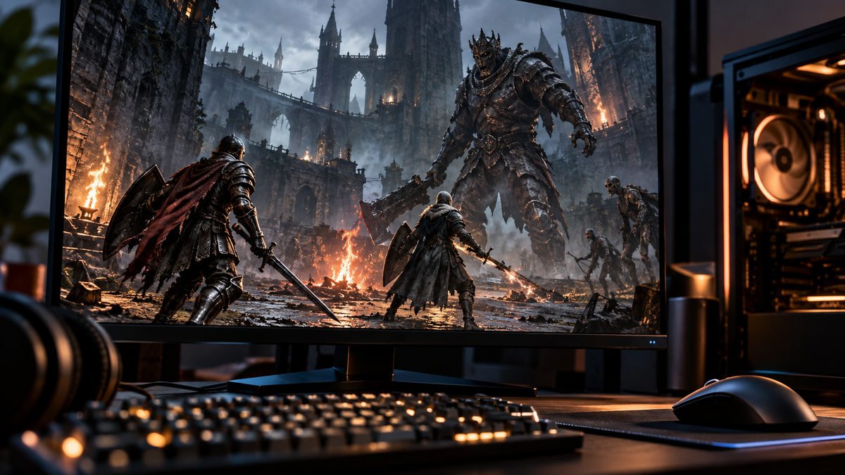 Setup gamer com dois cavaleiros em combate representando o mod Seamless Co-op de Dark Souls II