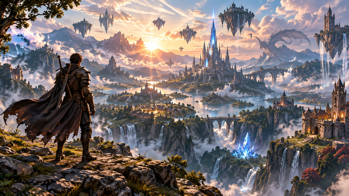 Mundo de fantasia original representando IGNISPHERE e o action RPG DAWNGAZER