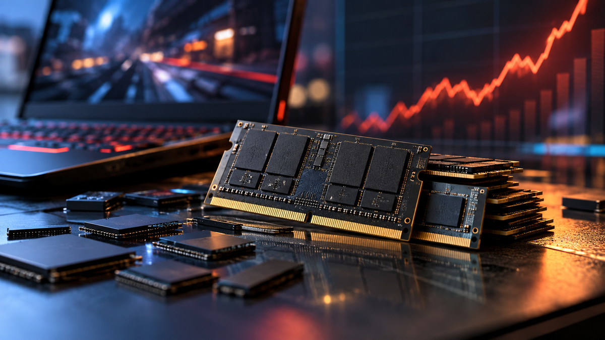 Módulos de memória DDR5 para notebook diante de gráfico de alta de preços