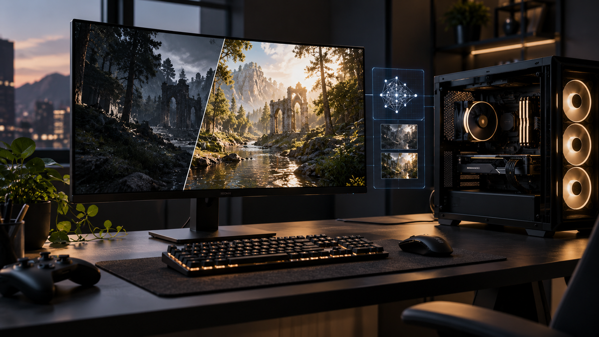 Setup gamer demonstrando iluminação avançada e renderização em tempo real em um jogo de ação
