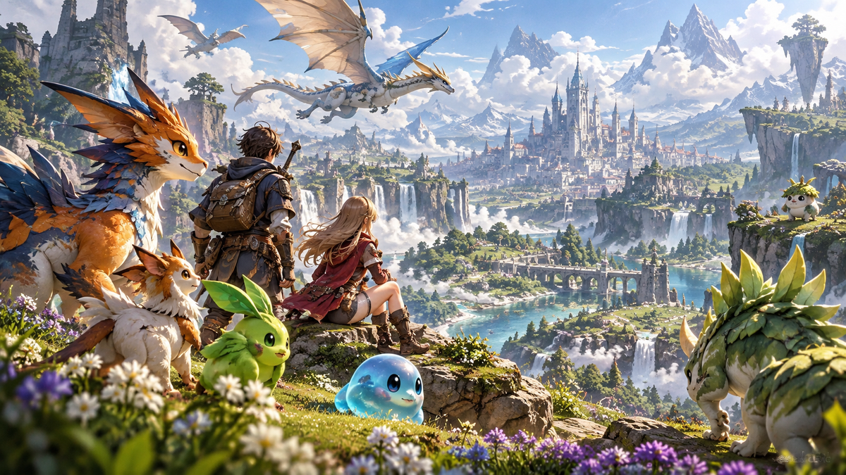 Aventureiros e monstros em reino fantástico representando Dragon Quest Monsters The Withered World