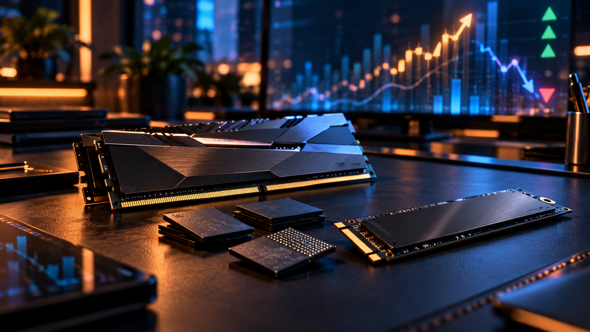 Módulos de memória e SSD representando o mercado de DRAM e NAND