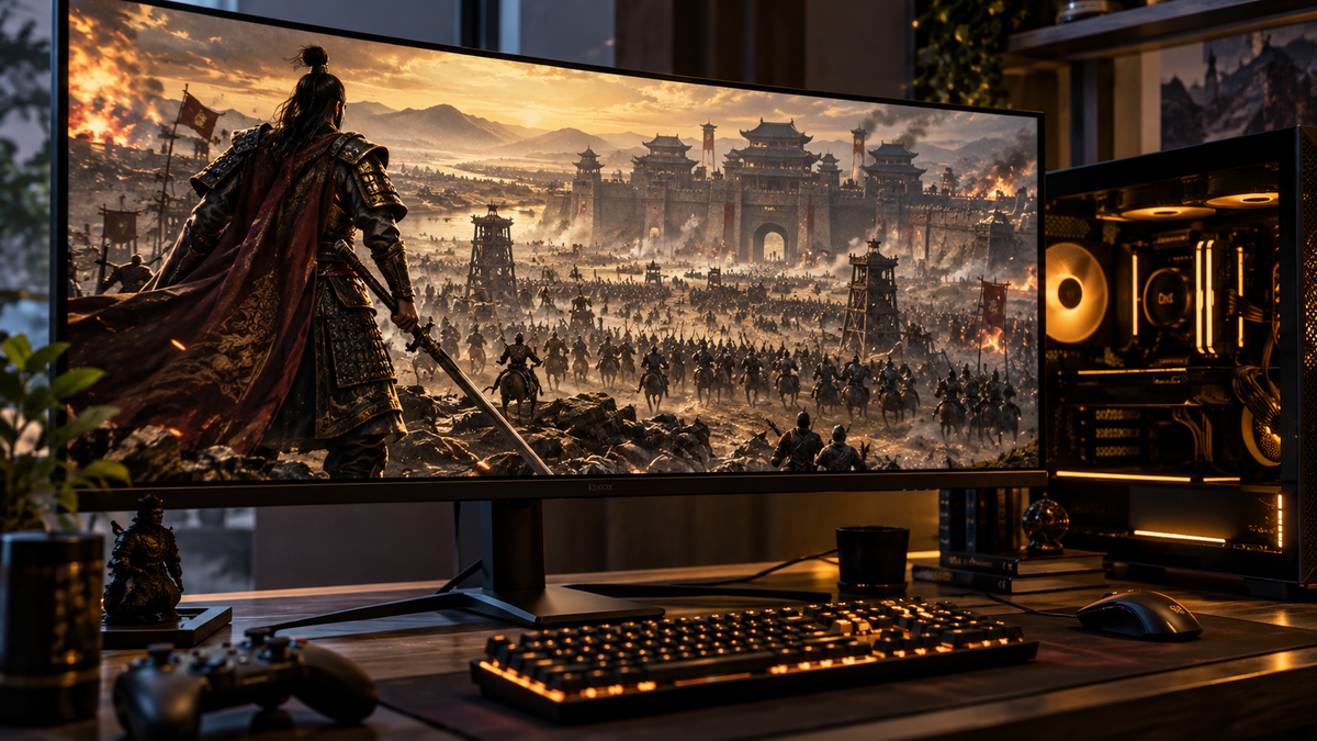 Setup gamer com grande batalha histórica representando Dynasty Warriors 3 Complete Edition Remastered