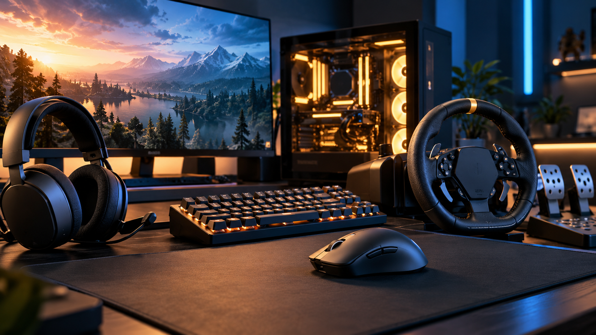 Setup gamer editorial representando Farming Camp