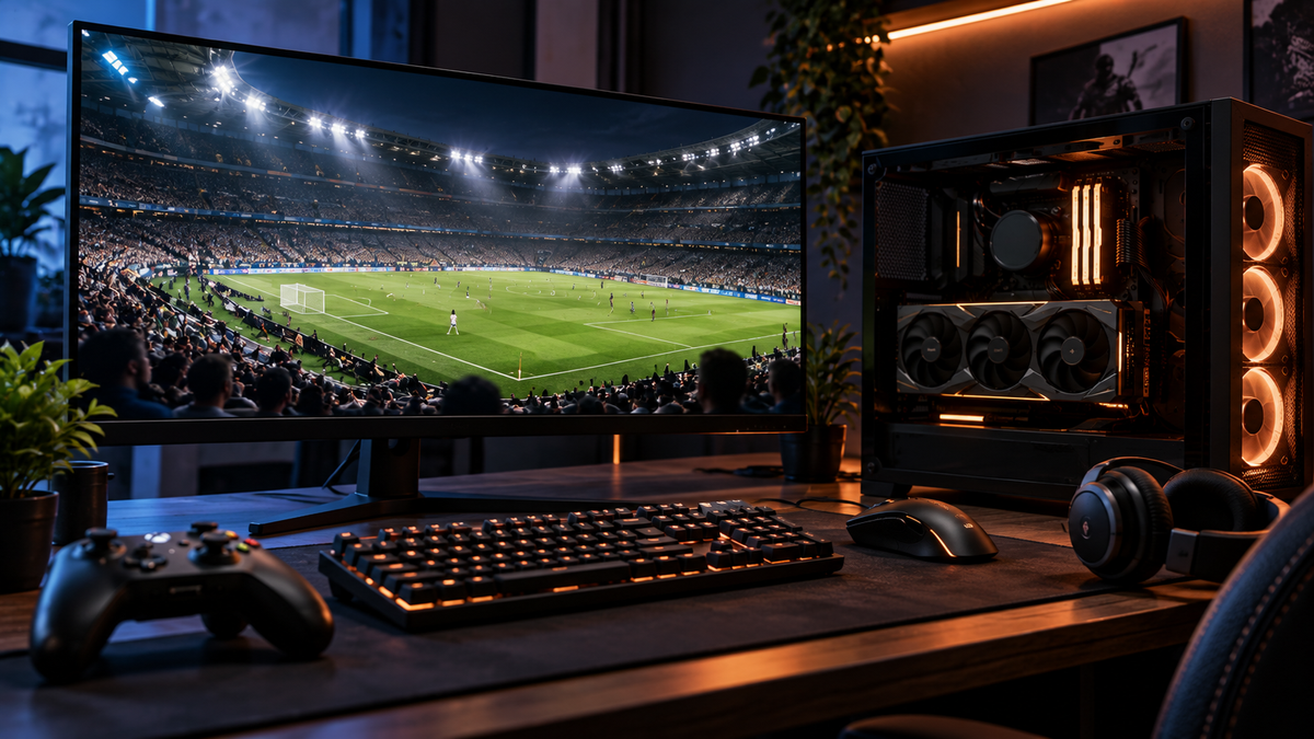 Setup gamer com partida de futebol representando EA SPORTS FC 27 no PC