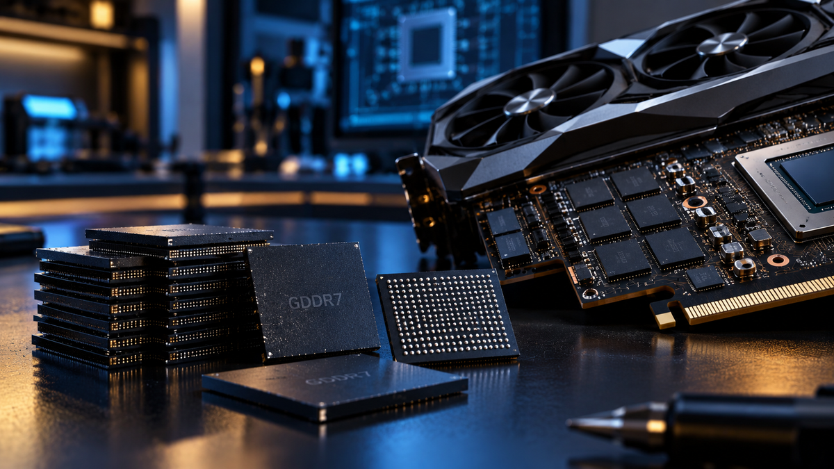 Chips de memória GDDR7 ao lado do circuito de uma placa de vídeo em bancada técnica