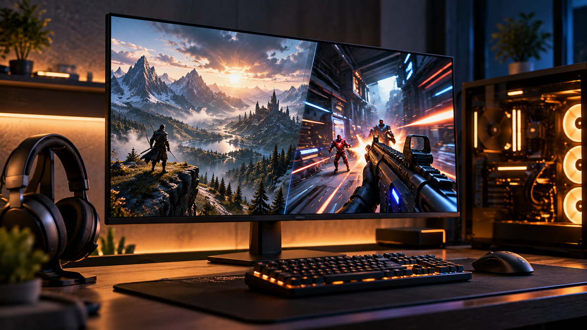 Monitor OLED gamer AORUS ELITE FO32U24G em setup com modos 4K 240 Hz e Full HD 480 Hz