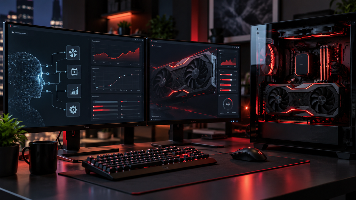 Estação gamer com painéis de inteligência artificial e ajuste de desempenho de GPU