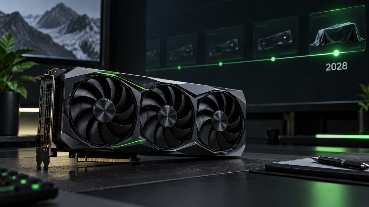Placa de vídeo de alto desempenho diante de uma linha do tempo que representa futuras gerações de GPUs