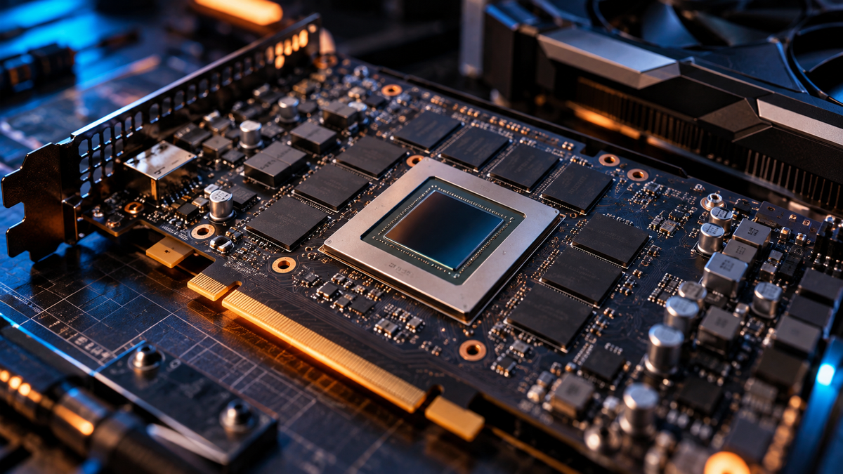 Placa de vídeo aberta mostrando GPU central e chips de memória VRAM ao redor