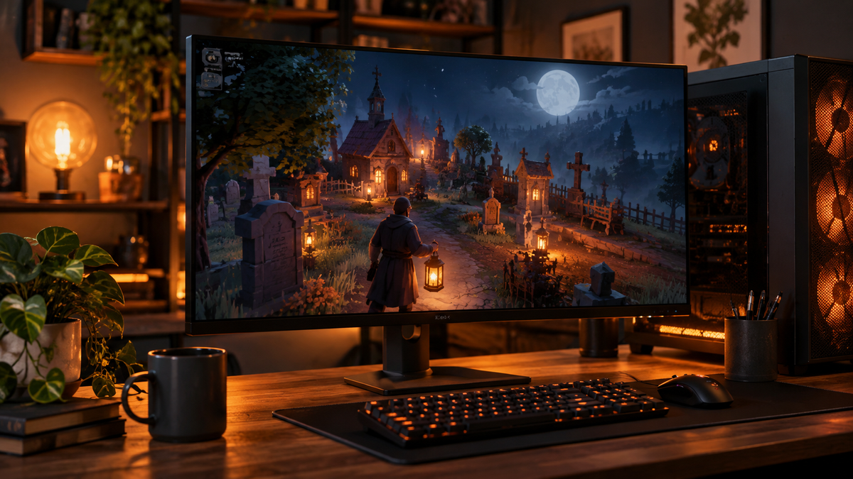 Setup gamer exibindo cenário noturno de cemitério medieval em jogo de gestão