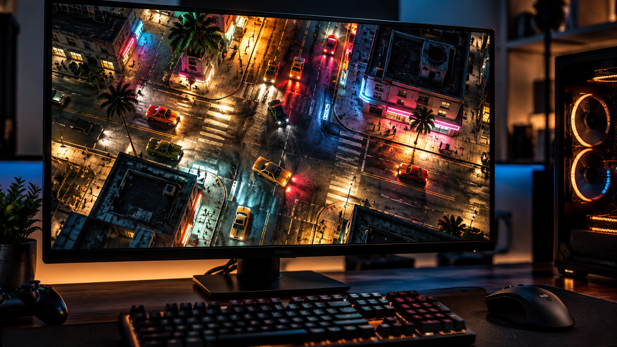 Setup gamer com cidade vista de cima representando GTA 2 com RTX Remix e path tracing
