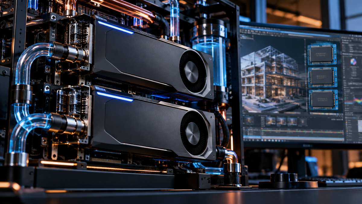 Workstation com duas GPUs e refrigeração líquida representando GUNNIR dual Arc Pro B70