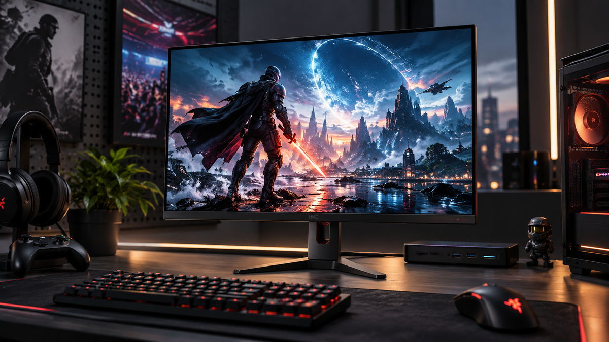 Monitor gamer HKC Shield 25Q360B em setup de alto desempenho com resolução QHD e 360 Hz
