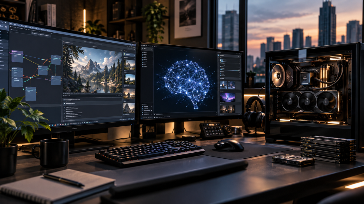 Estação gamer com GPU dedicada executando fluxos de inteligência artificial local