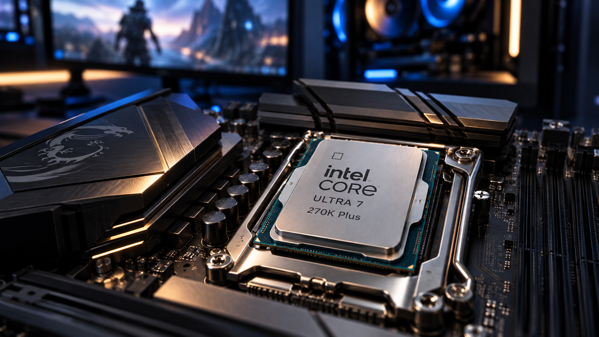 Intel Core Ultra 7 270K Plus em placa-mãe gamer durante análise de desempenho