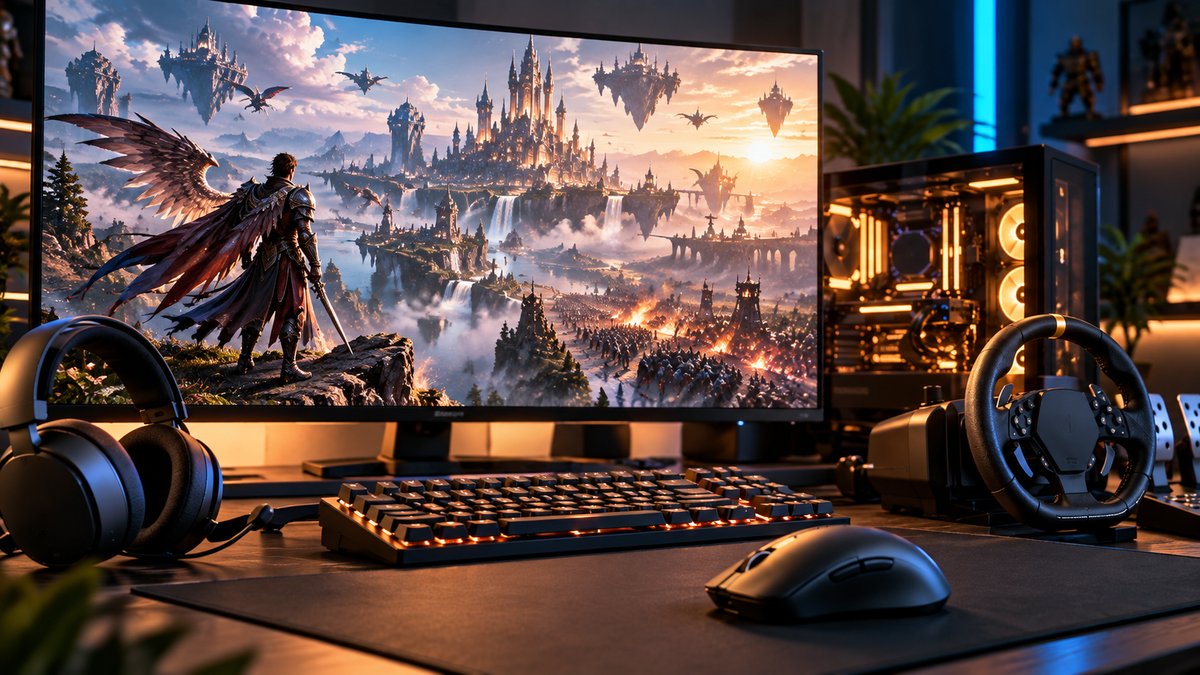 Setup gamer com fantasia medieval representando Kingdom Rush 6 Genesis