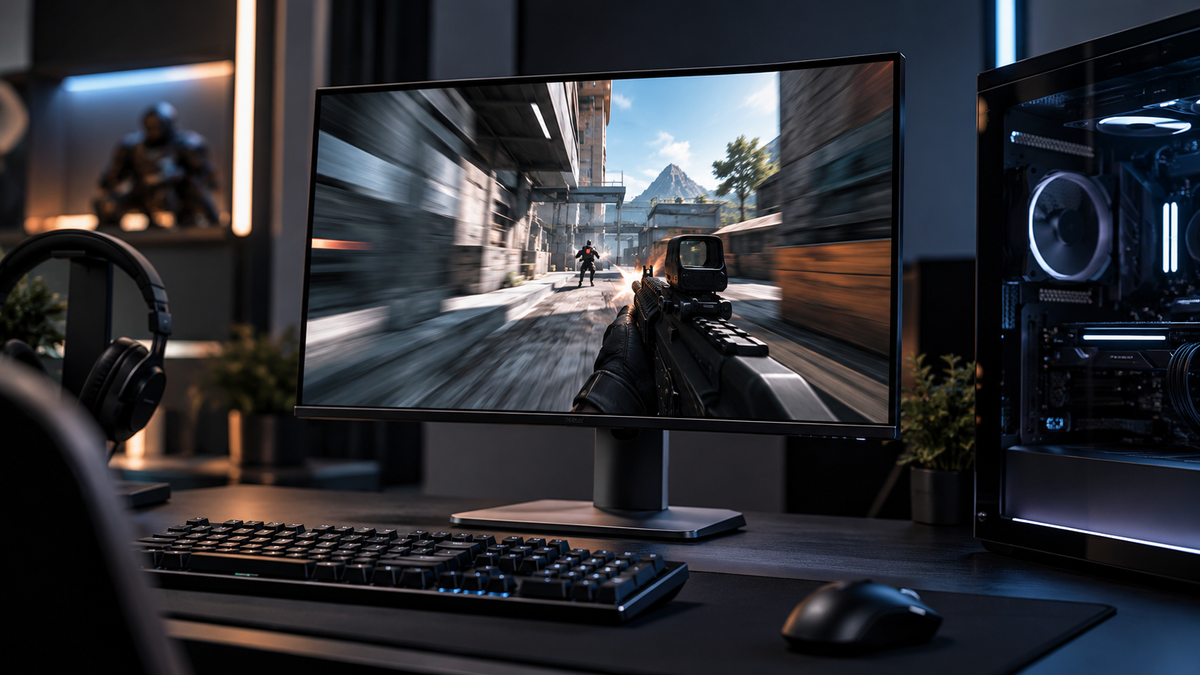 Setup gamer representando painel OLED de 24,5 polegadas e 720 Hz para esports