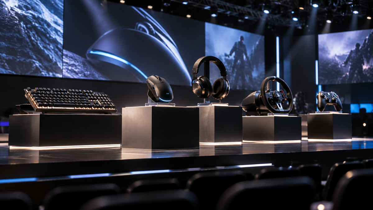 Palco de lançamento gamer com teclado, mouse, headset, volante e controle em exposição