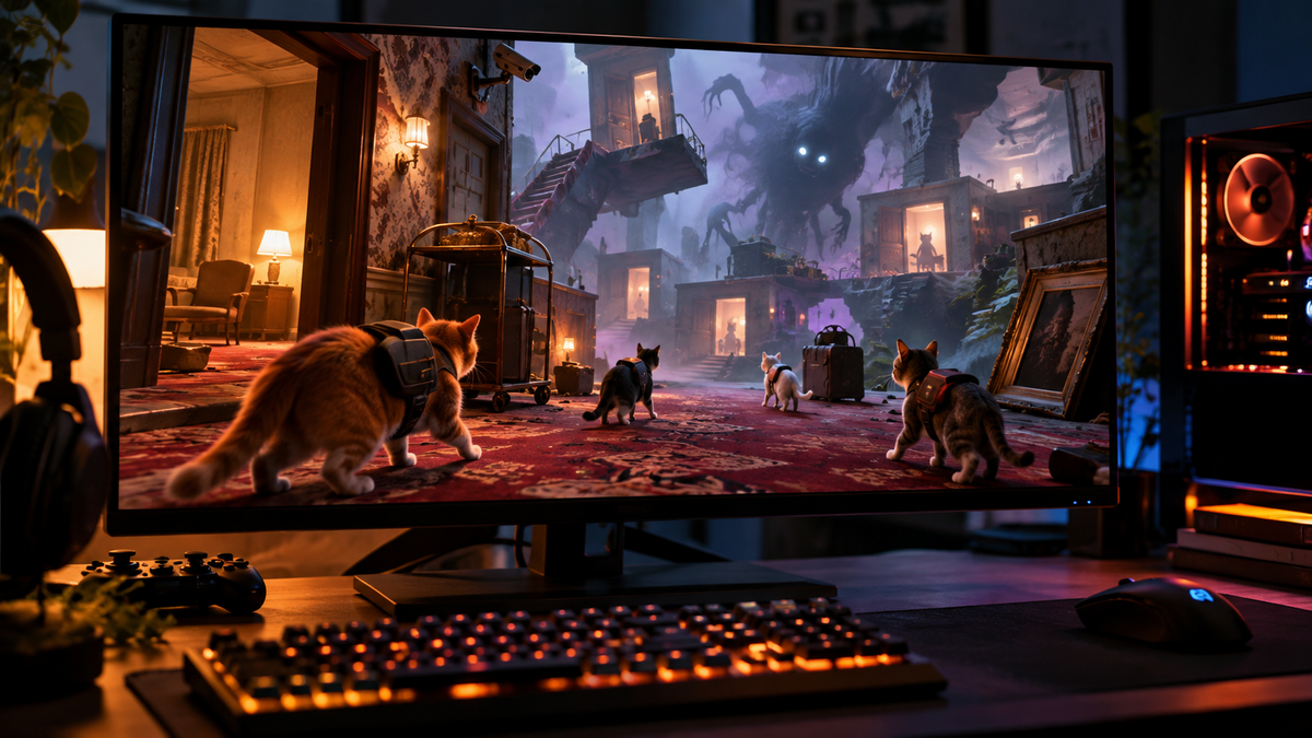 Gatos explorando sonho liminal em setup gamer representando Lucid Cats