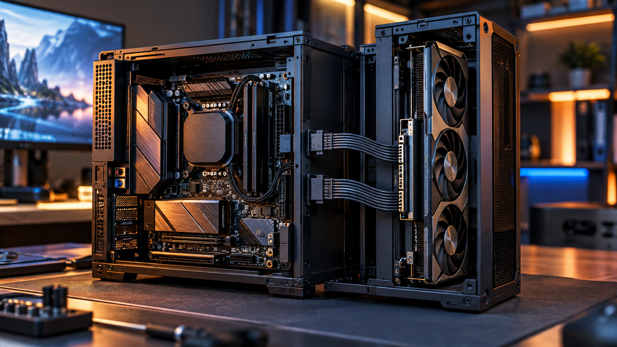 PC compacto aberto com GPU separada por cabeamento representando workstation MAXSUN com MCIO