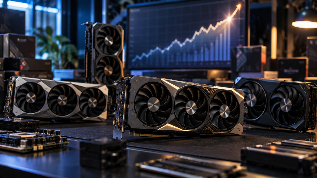 Placas de vídeo modernas diante de gráfico ascendente representando crescimento do mercado de GPUs