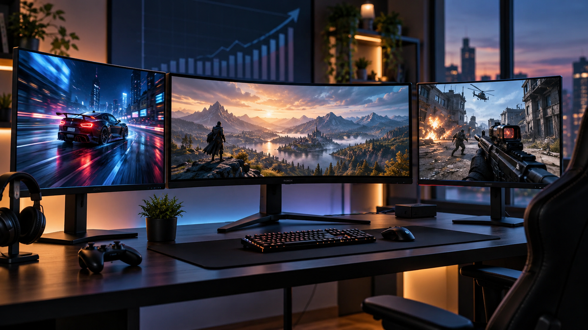 Três monitores gamer OLED representando o crescimento do mercado em 2026