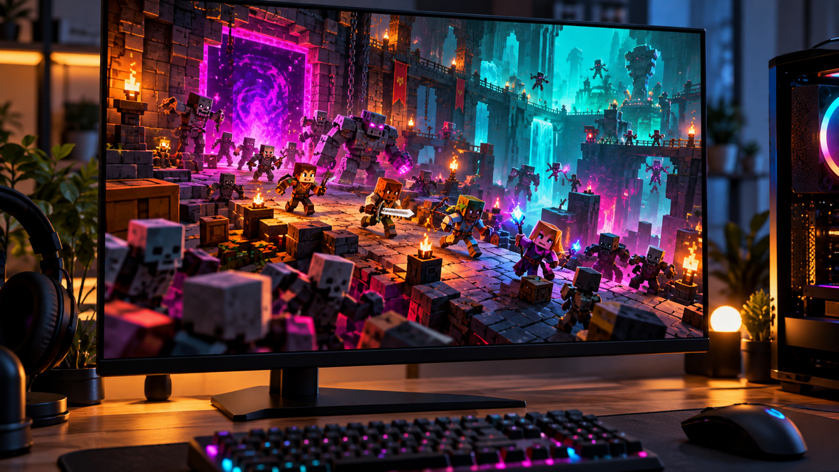 Setup gamer com dungeon voxel representando Minecraft Dungeons II