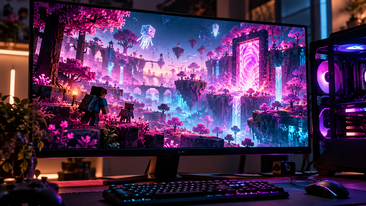 Setup gamer com dimensão colorida e portal representando The Sift no Minecraft