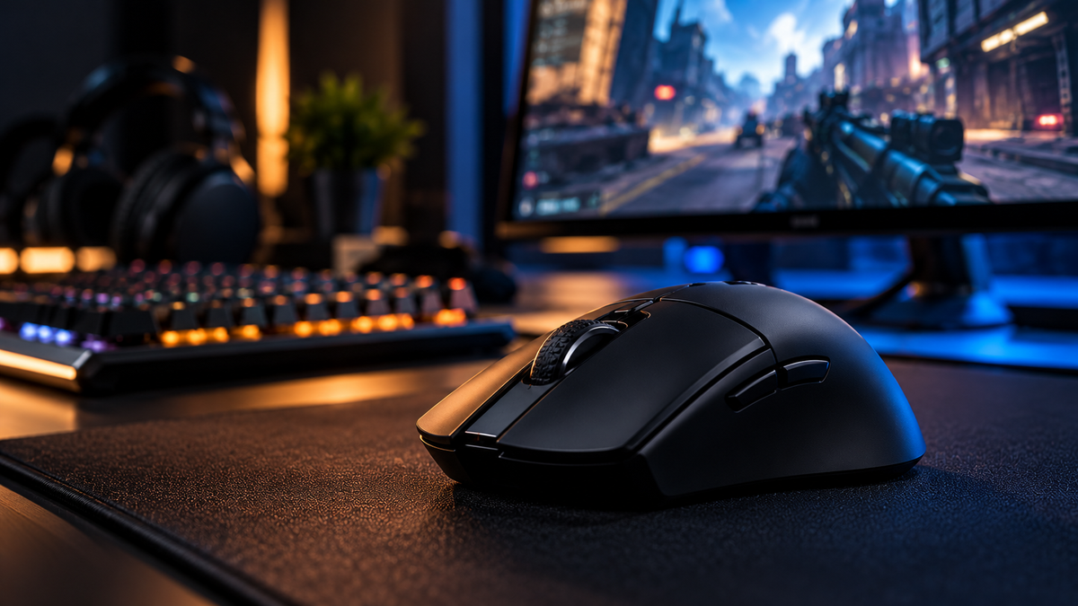 Mouse gamer em setup competitivo representando polling rate de 8K