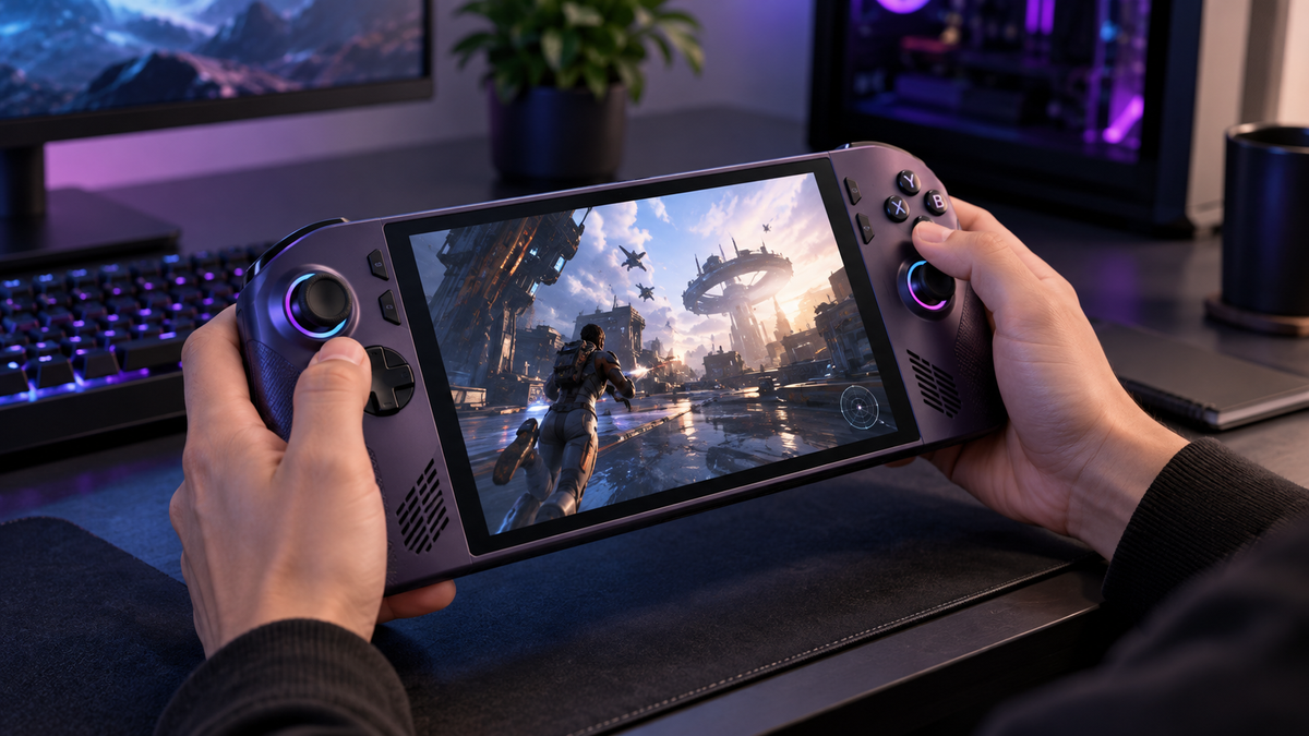 Handheld gamer representando o MSI Claw 8 EX AI+ com Intel Arc G3 Extreme