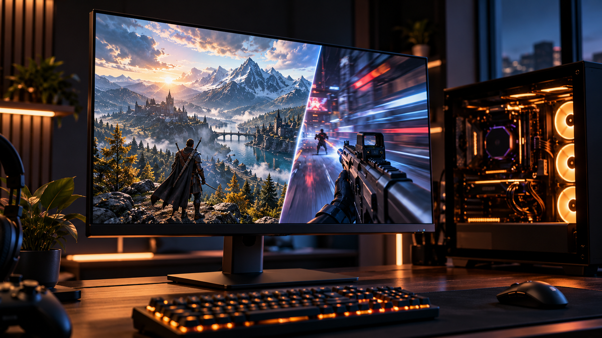Monitor gamer MSI MAG 321UPD E14 em setup com modos 4K 144 Hz e Full HD 288 Hz