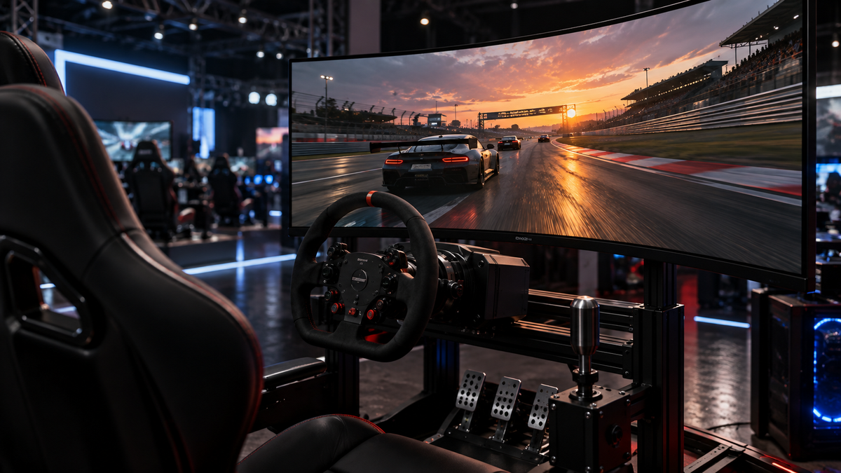 Setup de sim racing com monitor ultrawide QD-OLED de 360 Hz