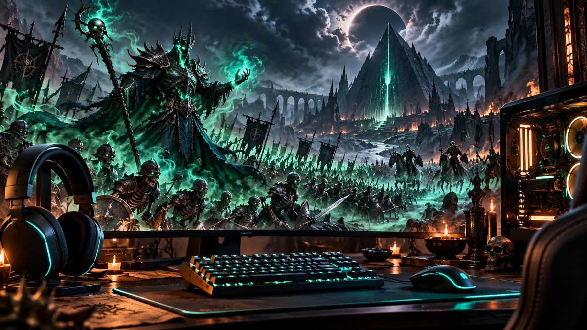 Batalha necromântica em setup gamer representando Nagash em Total War Warhammer III
