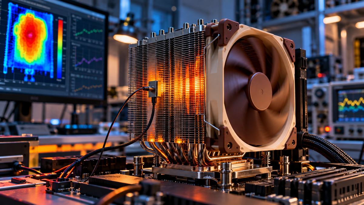 Cooler de processador em bancada térmica representando pesquisa da Noctua com microcanais