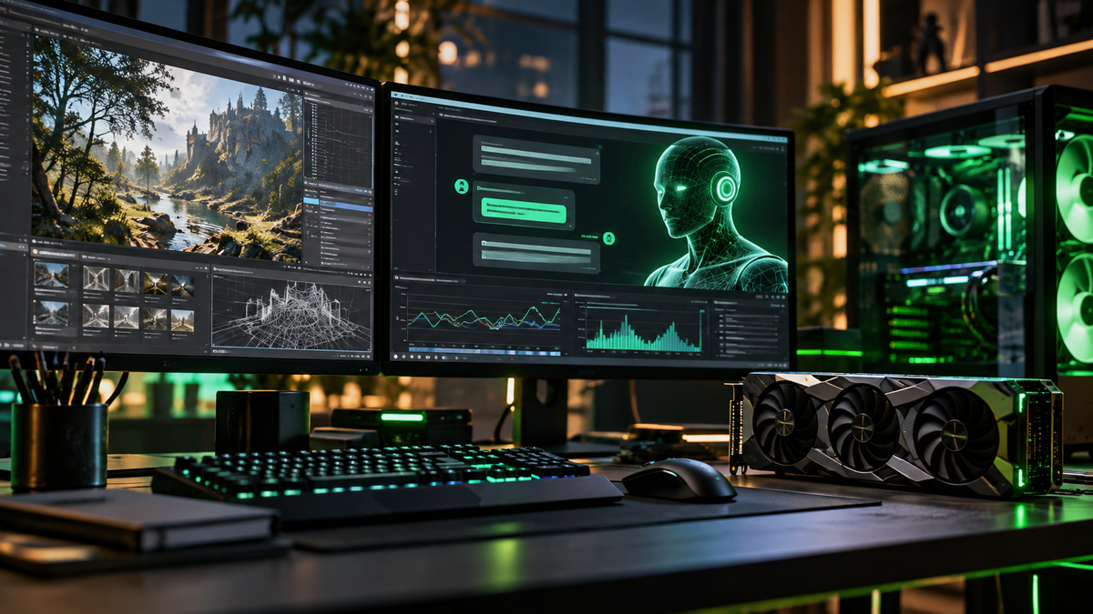 Estação de desenvolvimento de jogos com assistente de IA representando patente da NVIDIA