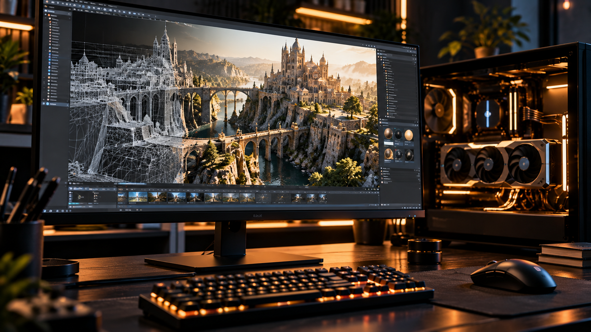 Workstation gráfica representando NVIDIA RTX Kit e RTX Mega Geometry 2.0