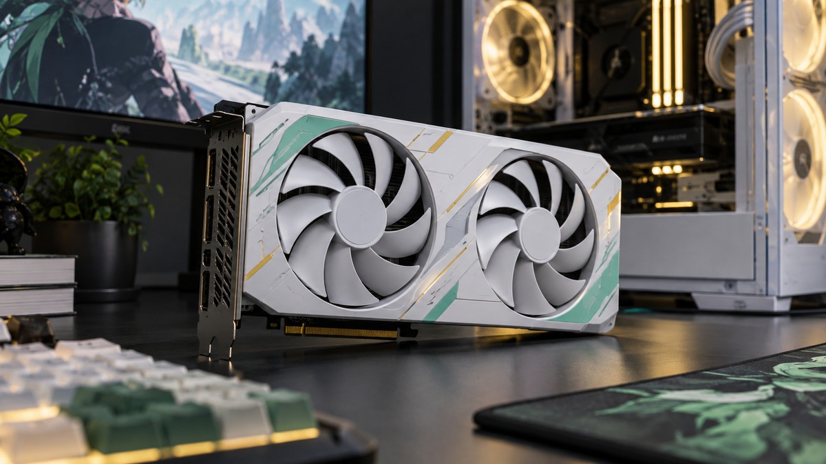 Placa de vídeo branca de duas ventoinhas representando a Palit RTX 5060 Ti RiTONA OC