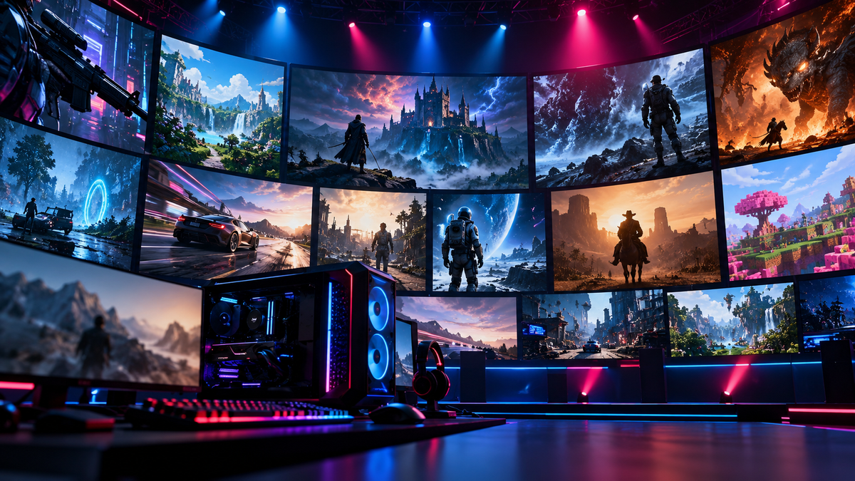 Palco com múltiplos jogos de PC representando o PC Gaming Show Most Wanted