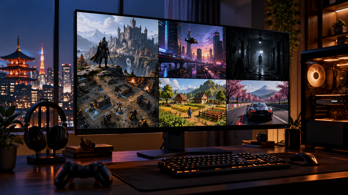 Setup gamer com mosaico de jogos representando os anúncios do PC Gaming Show Tokyo Direct 2026
