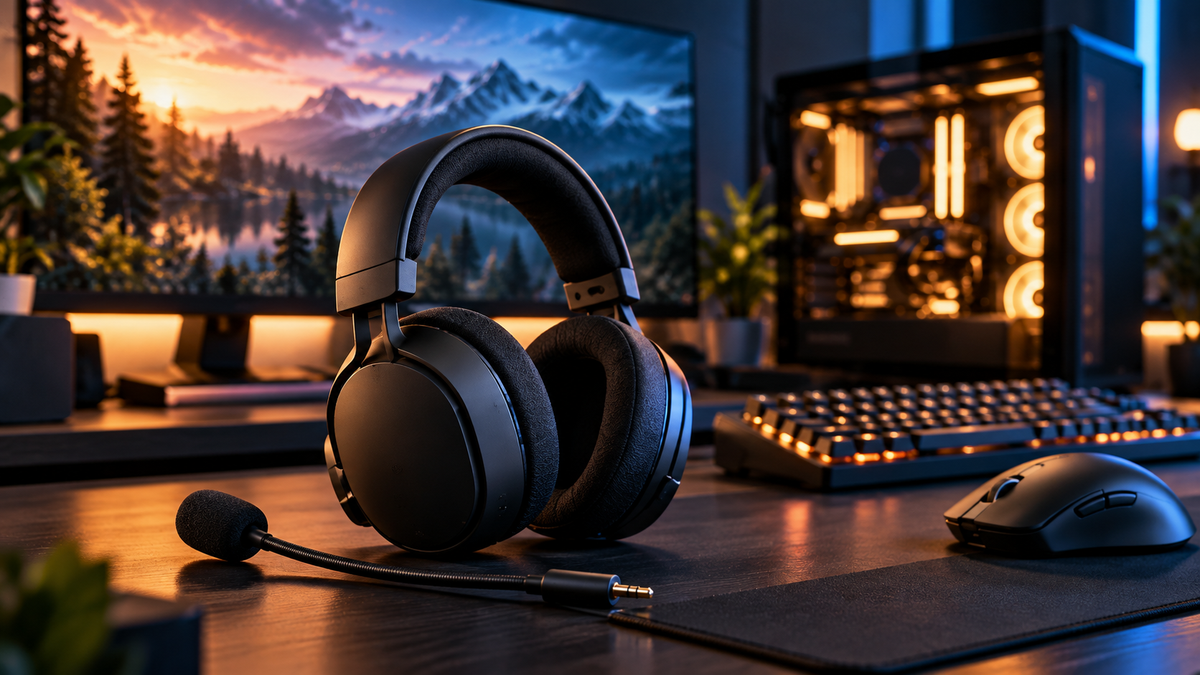 Headset gamer sem fio em setup competitivo representando o Logitech G PRO X3 LIGHTSPEED