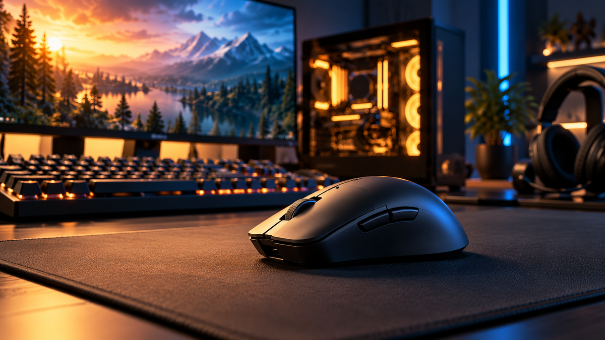 Mouse gamer em setup competitivo representando o Logitech G PRO X3 SUPERSTRIKE