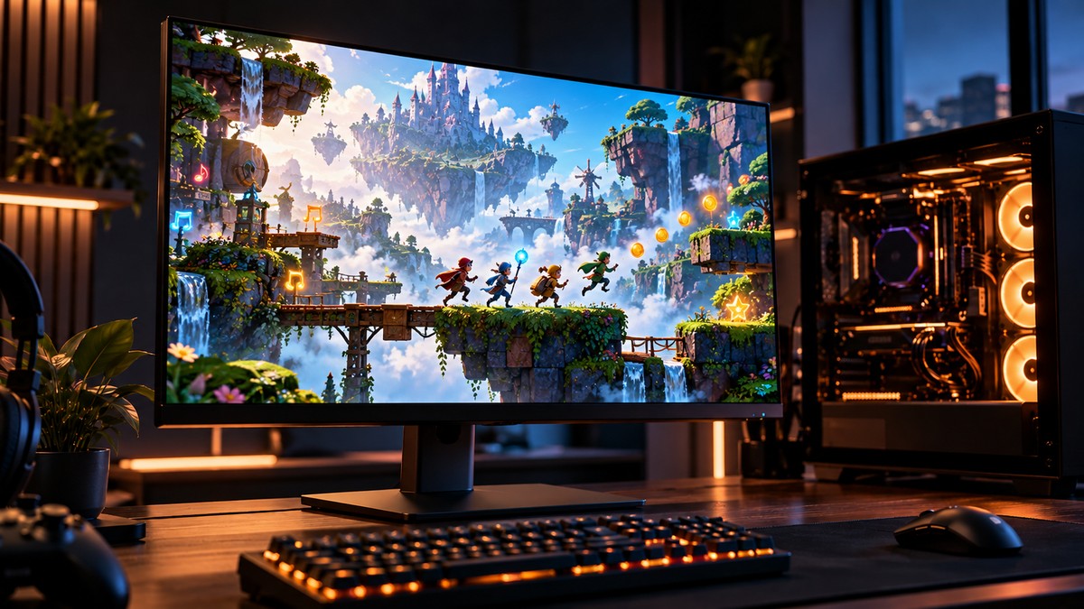 Setup gamer com plataforma de fantasia representando Rayman Legends Retold no PC